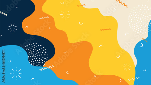 Memphis cartoon geometric background with trendy 80s-90s style design. Abstract pop art backdrop featuring colorful wave patterns, halftone dots, and playful fluid shapes for a vibrant retro look.