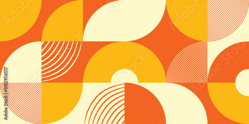 Seamless Scandinavian Geometric Pattern with Retro Swiss Style Shapes. Vector Background of Abstract Circles and Squares for Modern Design, Decorative Artwork, and Creative Prints.