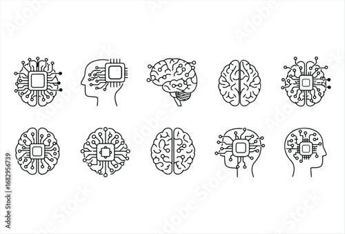 Minimalist AI brain icon set featuring neural connections, processors, and digital circuit patterns, symbolizing innovation, automation, and smart technology