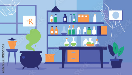 Spooky Halloween Potion Lab Flat Vector Illustration of a Witch's Brewing Room