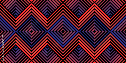 Vector geometric seamless pattern with bright neon red and blue gradient, zigzag lines, stripes, chevron, squares. Abstract sport style urban texture. Trending funky background in retro Y2K style