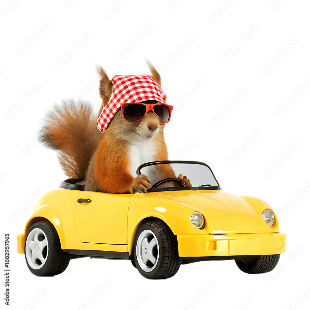 Fototapeta A squirrel with sunglasses and a red and white checkered hat driving a yellow toy car on black background