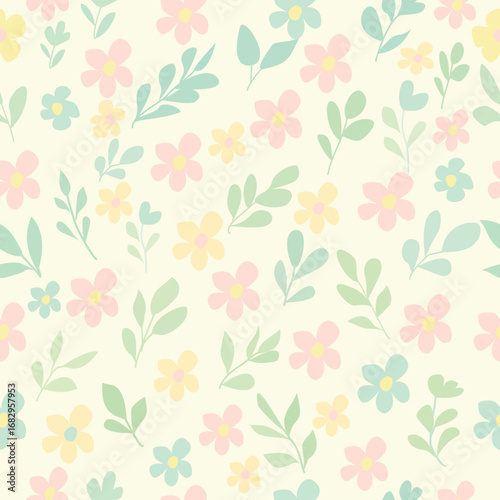 Seamless Pastel Floral Pattern with Leaves and Cute Flowers – Soft Spring Background Design