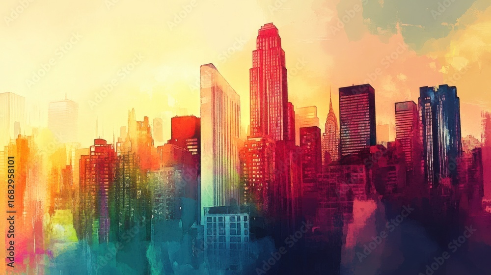 Fototapeta premium Vibrant city skyline at sunrise with colorful buildings