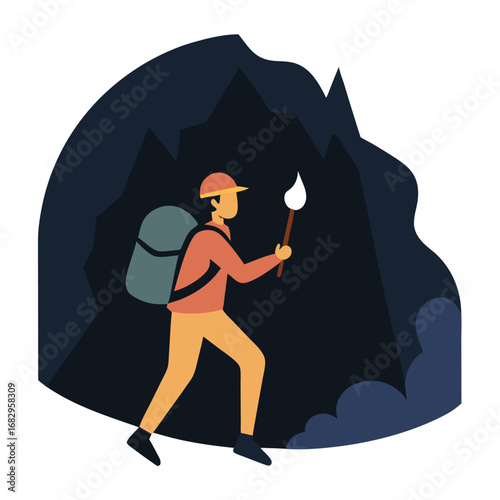 Explorer with backpack and flashlight entering a dark cave vector on white background.