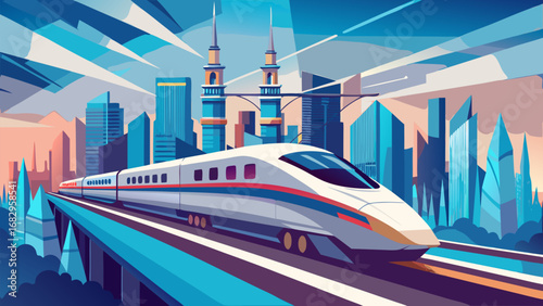 Modern high-speed train moving on elevated tracks through futuristic cityscape with skyscrapers and vibrant sky