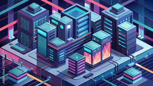 Futuristic isometric cityscape with neon-lit skyscrapers and digital elements representing smart technology and cyber infrastructure