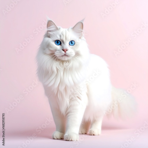 White cat with striking blue eyes against a pastel pink backdrop
