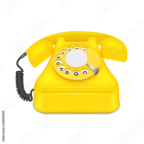 Realistic retro rotary dial telephone bright yellow phone with coiled cord and handset vector 3d model mockup front view isolated on white background, vintage nostalgia and classic communication.