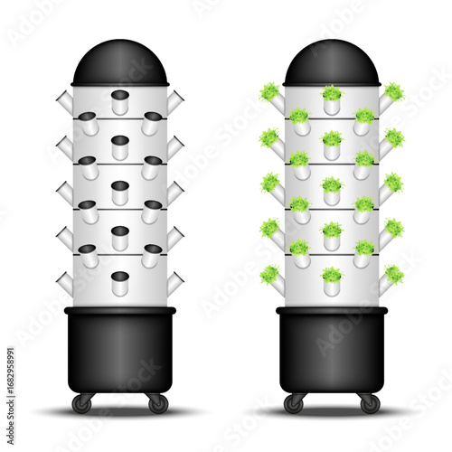 Vertical hydroponic modular tower system realistic 3d vector model isolated on white background for modern indoor farming, set empty slots and planted, aeroponic agriculture, efficient food gardening.