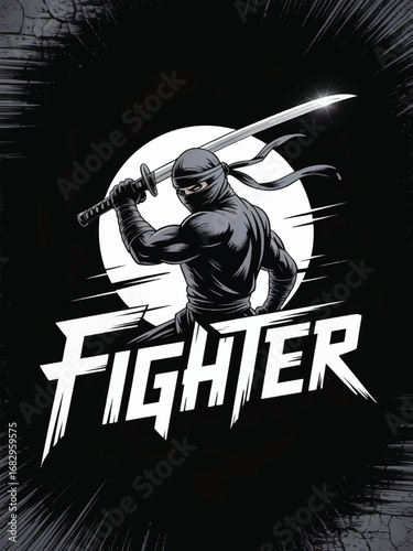 Shadow Fighter Ninja with Katana Reflected in Moonlight, Fighter Vector Design