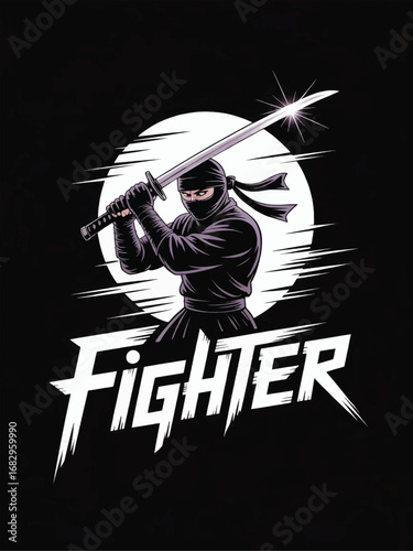 Shadow Fighter Ninja with Katana Reflected in Moonlight, Fighter Vector Design