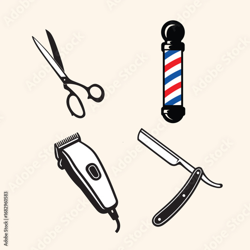 Barber Tools Icon Set Scissors, Razor, Clippers, and Barber Pole