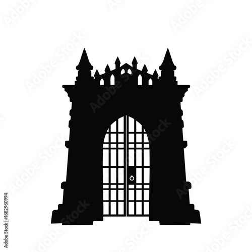Ornate gothic gate silhouette with barred entrance