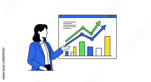 Businesswoman presenting a successful financial growth strategy with a data analysis chart on screen, vector illustration for corporate reports