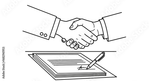Conceptual line art illustration of a business handshake over a signed contract, symbolizing a successful partnership, deal, and formal agreement