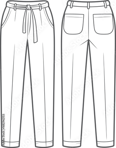 Front and back flat sketch of women's paperbag waist trousers with tie belt pants fashion