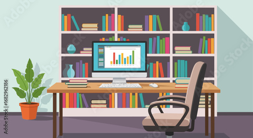 Conceptual illustration of a comfortable and modern home workspace with a computer analyzing data on a desk in front of a large bookshelf