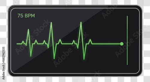 Medical monitor screen displaying a green electrocardiogram line showing a normal heart rate of 75 BPM, a concept of health and vitality