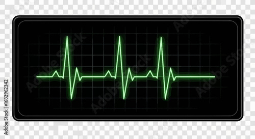 Digital display of a vital signs monitor showing a bright green, fluctuating electrocardiogram wave on a dark screen, symbolizing health and medical data