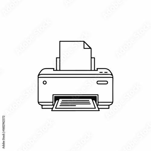 Printer line drawing of office equipment with blank paper, for document printing. Printer line drawing showing technology for business presentations, or to produce documents.