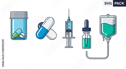 Vector icon collection of essential medical and pharmaceutical supplies, including pills, a syringe, and an intravenous drip, for healthcare design concepts