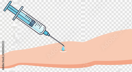 Conceptual illustration of a vaccination injection, with a syringe needle administering a dose into a patient's arm for immunization