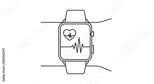 Line art icon of a smartwatch on a wrist monitoring heart rate, representing wearable health technology and fitness tracking concepts