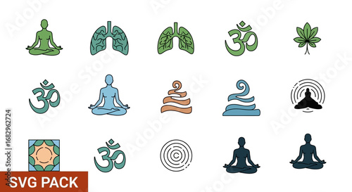 Vector icon pack illustrating concepts of yoga, meditation, and holistic wellness with symbols for breathing, balance, and spirituality