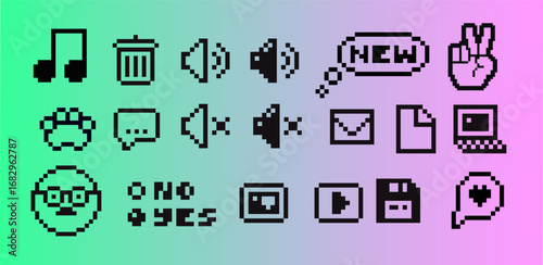 A collection of retro pixelated user interface icons. Creative digital assets for web and app design with a nostalgic 90s aesthetic for your DIY digital projects