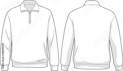 Front and Back View of a White Quarter Zip Sweatshirt with Collar and Cuffs pullover sweater