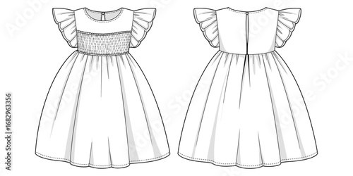 Front and back view of a white smocked dress with flutter sleeves fashion flat sketch Keywords: dress
