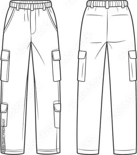 Front and back view of cargo pants fashion illustration sketch with pockets trousers clothing