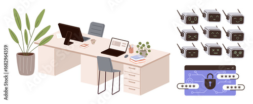 Office desk with computer, laptop, decor, and plant. Digital password and robot faces imply AI and cybersecurity. Ideal for technology, cybersecurity, office work, AI privacy data protection