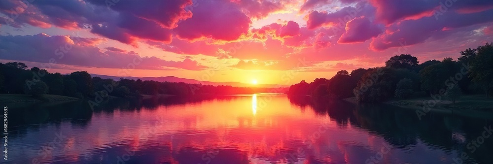Naklejka premium A vibrant sunset paints the sky as a river flows smoothly, reflecting the colorful light The scene evokes a sense of calm and natural beauty , clouds, fresh