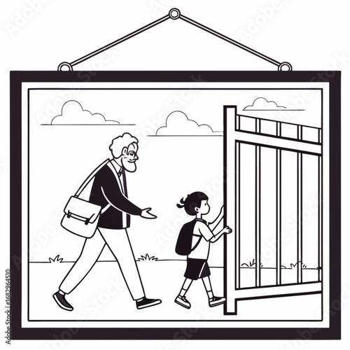 Minimilist illustration of a man with a bag accompanying a child with a backpack to a gate in a framed picture vector