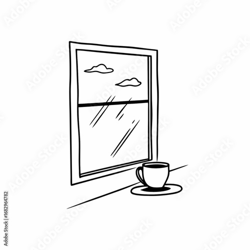 Minimilist a window with clouds and a cup of coffee on the windowsill in a black and white line drawing style vector