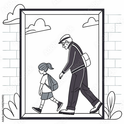 Minimilist illustration of a grandfather and granddaughter walking through a doorway with clouds and brick wall view vector