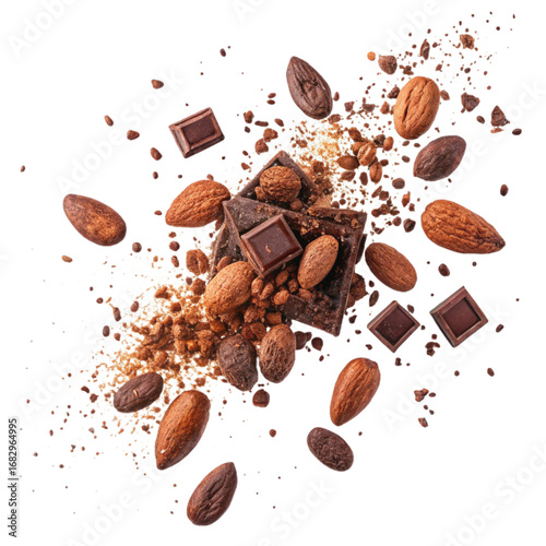 Cocoa Beans and Chocolate Chunks Falling in Mid-Air — realistic cacao beans, broken chocolate pieces, and cocoa powder particles floating together, isolated on a transparent background, ideal for conf