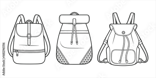 Three black and white line drawings of fashion backpacks on a white background rucksack school bag