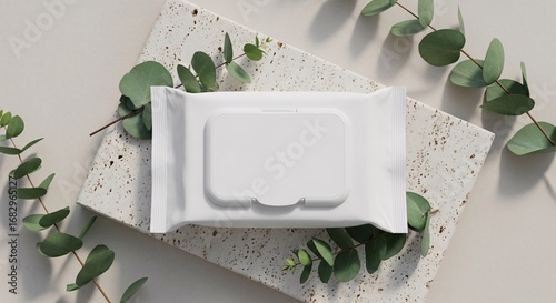 White wet wipes package with eucalyptus leaves on stone
