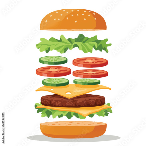 A clean flat 2D vector illustration presents deconstructed burger components, with bun, juicy patty, crisp lettuce, red tomato, and yellow cheese neatly arranged on a minimalist white surface.