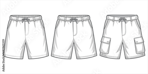 Three black and white line drawings of men's shorts with drawstring and cargo pockets clothing apparel