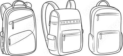 Three different styles of women's backpacks line art drawing Keywords: backpack, rucksack, bag