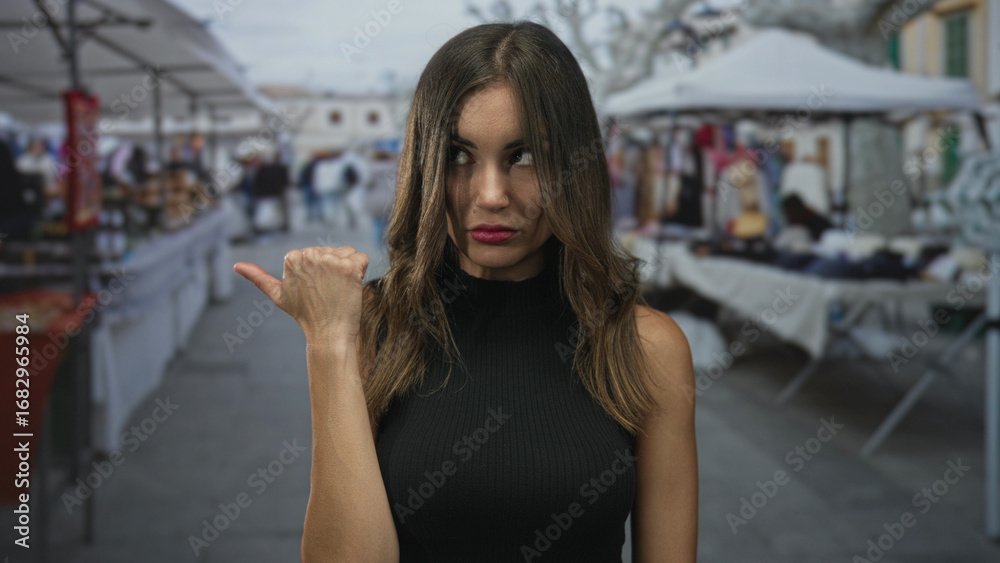 Fototapeta premium Young hispanic woman pointing thumb to colorful souvenir stalls at crowded outdoor street market; adventure and curiosity.