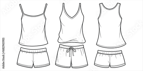 Three sets of women's pajama shorts and camisole tops line art Keywords: pajamas, sleepwear