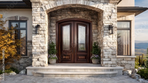 Exquisite Modern Home Entrance with Elegant Wooden Double Doors and Scenic Architectural Landscape in Contemporary Style with Harmonious Natural Light