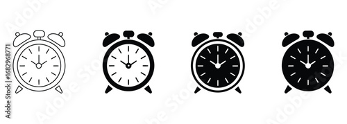 WebClassic alarm clocks presented in clean line art and bold silhouette styles, perfect for conveying punctuality and time management in any modern design project.