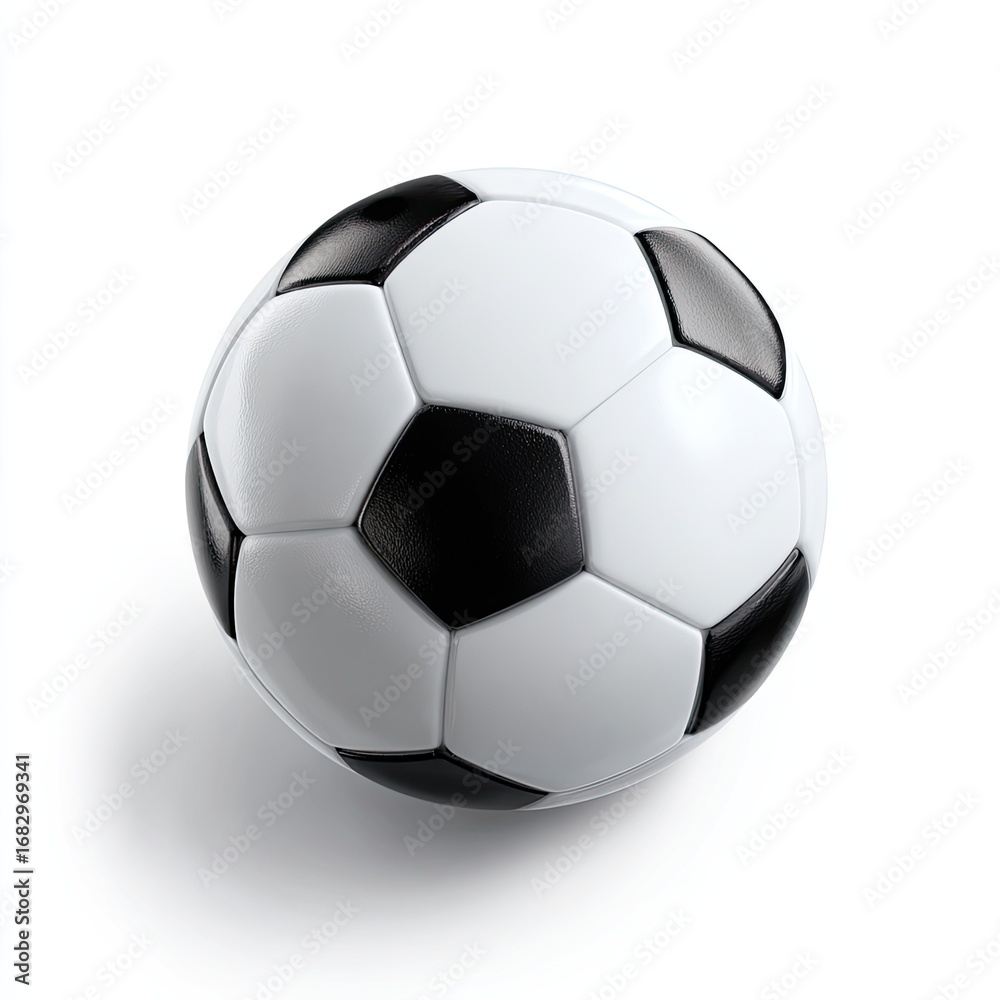 Fototapeta premium Soccer ball, black and white panels, glossy finish, isolated on white background