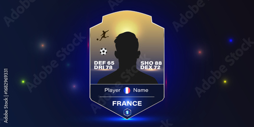Football player silhouette with statistics and France flag on digital sports card template. Futuristic game interface mockup with glowing background.